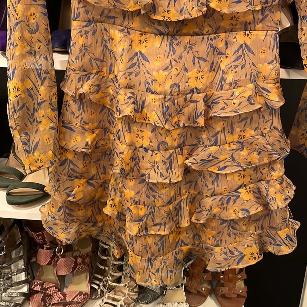 Sheer dress with ruffles. Yellow/mocha with blue/yellow flowers. Fully Lined. - Picture 3 of 5